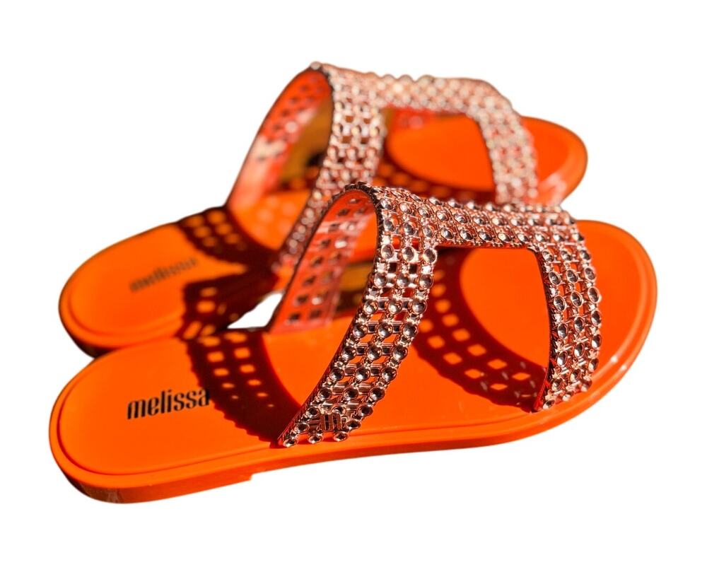 Melissa Slide Sandals with Crystals | Size 6 | Bright Orange